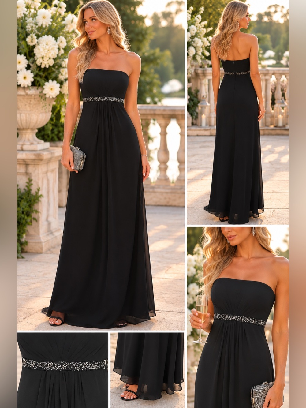 Bill Levkoff Black Formal Strapless Wedding Bridesmaid Prom Event Dress 8 NWOT